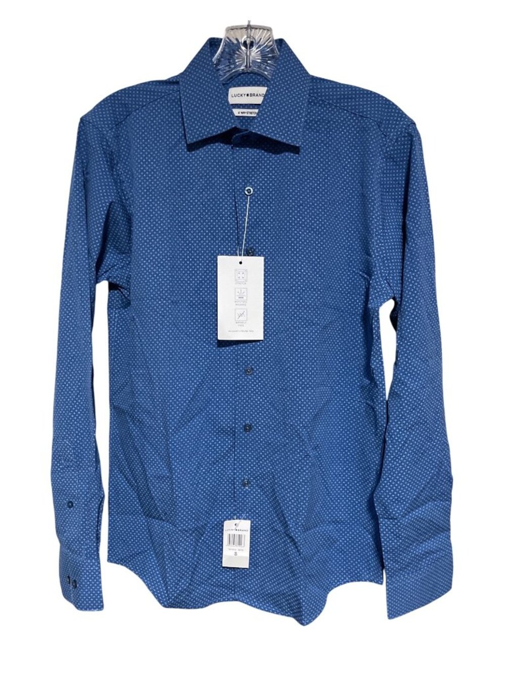 Lucky Brand Blue Geo Print Button Up Shirt 4-Way Stretch Wrinkle Free Mens S